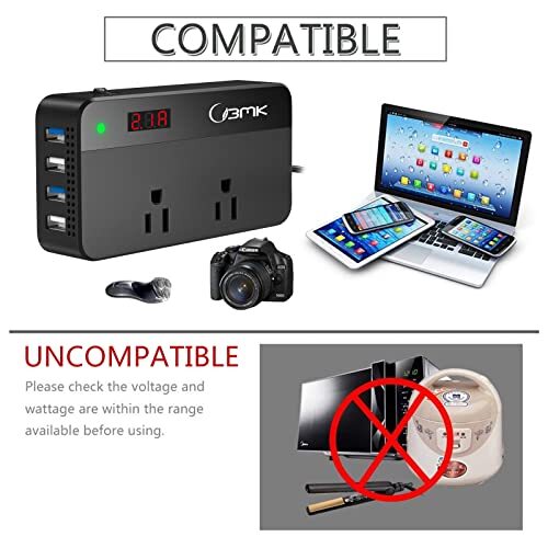 BMK 200W Car Power Inverter DC 12V to 110V AC Car Inverter 4 USB Ports