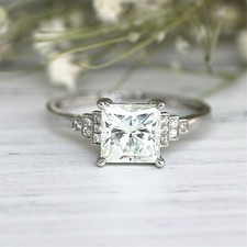 3Ct Princess Cut Simulated Diamond Accents Solitaire Ring 14K White Gold Plated