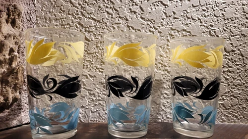 Vintage Hazel Atlas Glass Tumblers Set Of 3 Yellow Black And Blue Design MCM