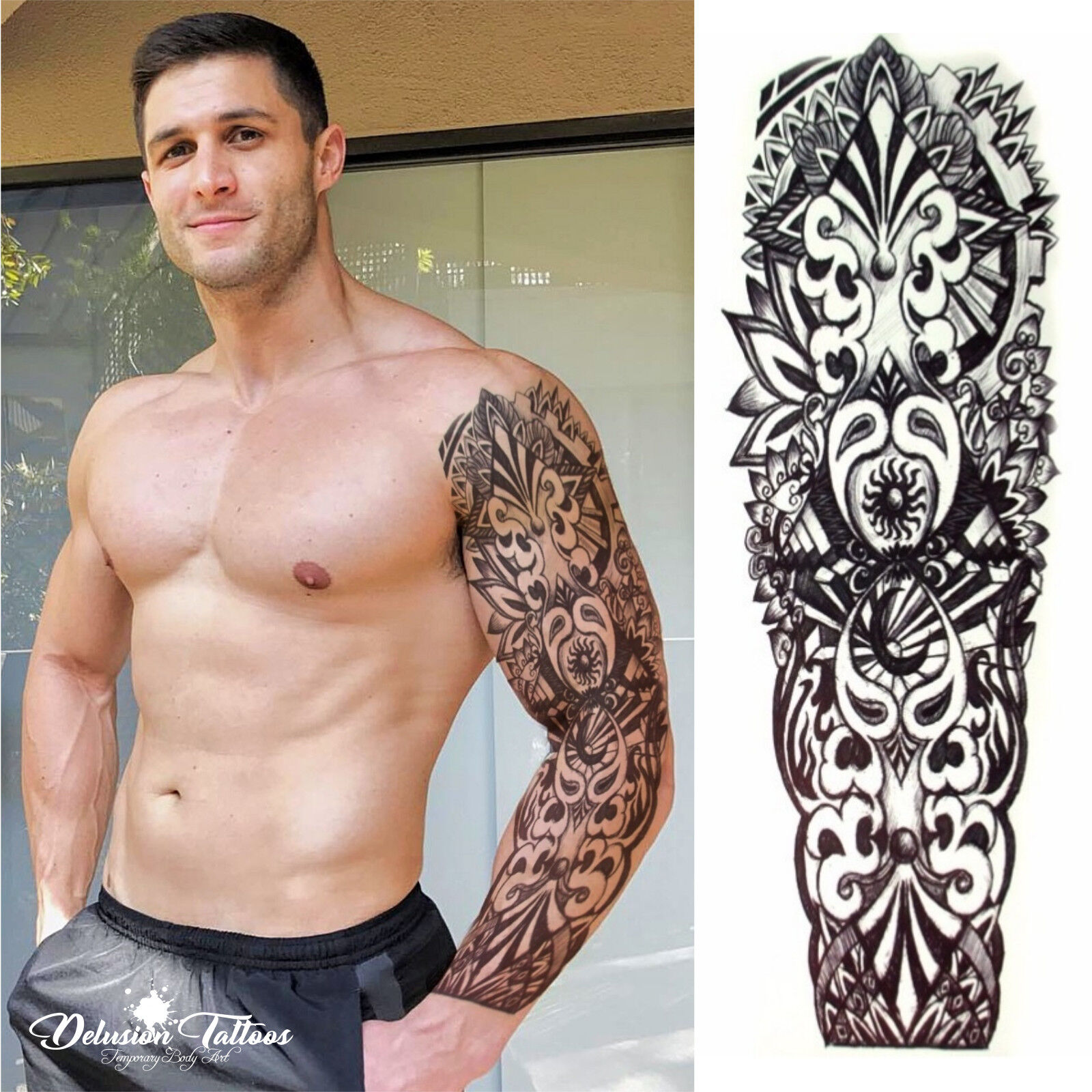 TEMPORARY TATTOO SLEEVE, TRIBAL, SUN, MOON, TOTEM, BLACK, ARM, LEG, MENS, WOMENS | eBay TEMPORARY TATTOO SLEEVE, TRIBAL, SUN, MOON, TOTEM, BLACK, ARM, LEG, MENS, WOMENS | eBay