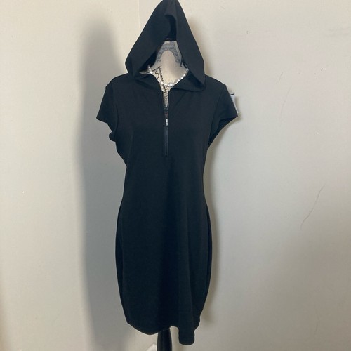 GUESS Women’s Black Bodycon Front Zip Short Sleeve Hooded Dress Size XLarge