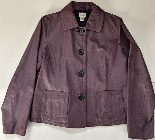 Chico's Leather Jacket Women's 1.5 Purple Leather Ostrich Button Up Long Sleeve