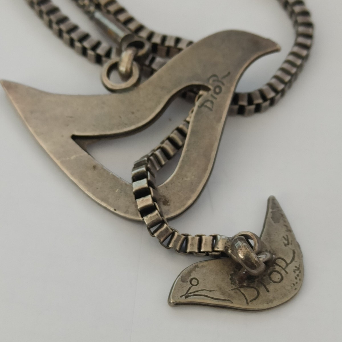 Signed Dior Vintage Necklace Long Dark Silver Tone Dove Bird 