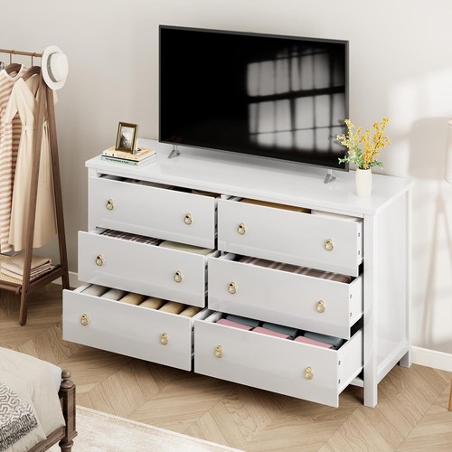 Wood Dresser for Bedroom with 6 Drawers, Mid Century Chests of Drawer White - Picture 3 of 8