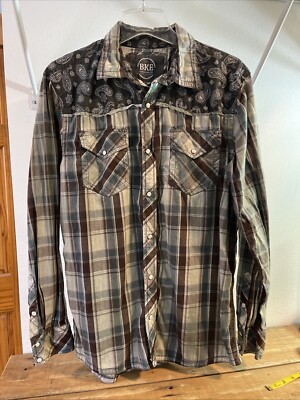 Buckle BKE Pearl Snap Shirt Men's L Standard Fit Paisley Blue Plaid Western