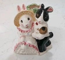 Ceramic Fitz & Floyd Vase Bunny Rabbit Couple Abt 6.5 inches tall
