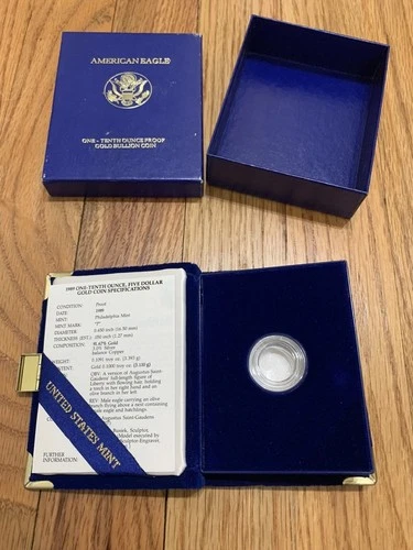 1989 P Proof 1/10 oz Gold American Eagle Box and COA - No Coin
