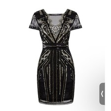 Black Gold Sequin Art Deco Gatsby Cocktail Dress Cap Sleeve Bodycon Mini