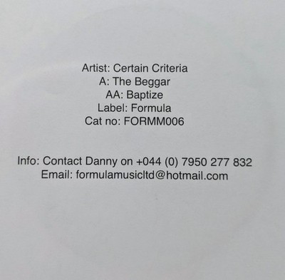 Certain Criteria - The Begger - UK Promo 12'' Vinyl - 2005 - Formula