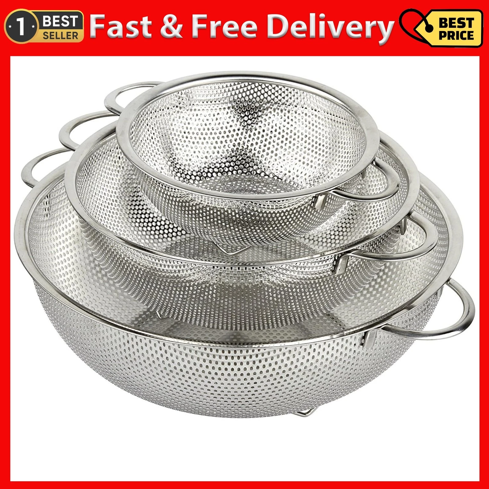 3-Piece Stainless Steel Mesh Micro-Perforated Strainer Colander Set (1-Quart, 2.