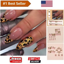 Luxury 24Pcs Full Coverage Press-On Nails with Gold French Tips  Leopard Print