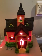 Vintage Haunted House Light Up Ceramic 8.5" Orange & Black Halloween Table Top