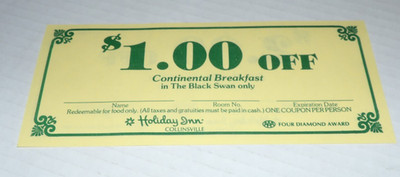 VTG 1980s Holiday Inn Collinsville Ill Black Swan Continental Breakfast Coupon