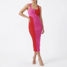 Naked Wardrobe Pink Red Colorblock Ribbed Midi Bodycon Dress Small Stretch
