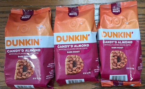 3 bags Dunkin Ground Coffee CANDY'D ALMOND Dark Roast 7 oz Best By 01/26