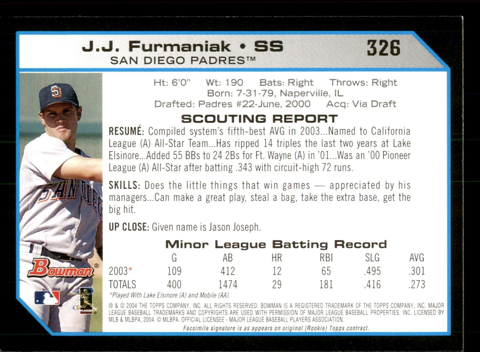 2004 Bowman J.J. Furmaniak #326  FY, RC San Diego Padres - Image 2 of 2