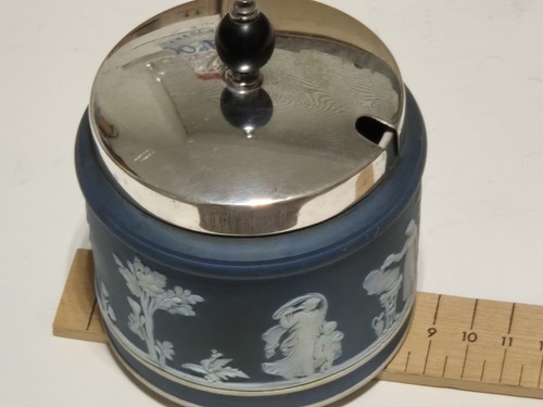 Vintage Dark Blue Wedgwood Jasperware Mustard or Jam Pot with Lid