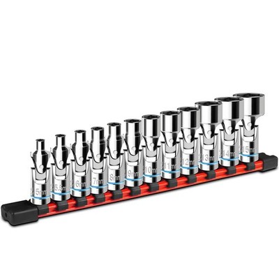 12 Pcs 1/4'' Drive Universal Flex Socket Set, 6-Point Metric (5-15mm)Swivel Joint