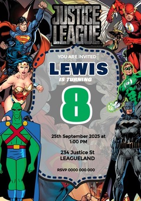 YOU PRINT Birthday Invitations Personalised DIGITAL FILE Justice League