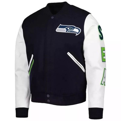 Seattle Seahawks Varsity Jacket Navy/White Wool & Real Leather Bomber Style Coat