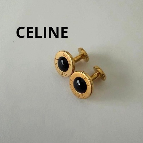 CELINE Logo Cufflinks Gold Black Metal Vintage Formal Accessories Auth