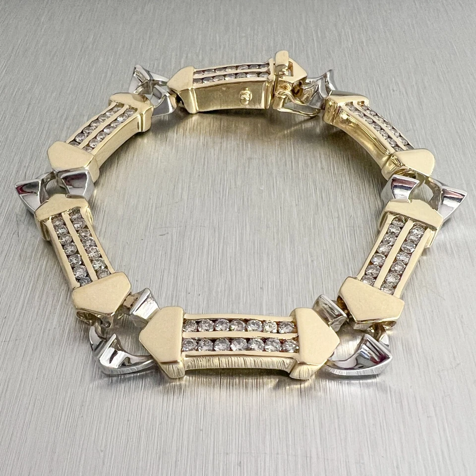 Brazalete de eslabones de barra de diamantes de oro blanco y amarillo de 14 k 2,00 ctw 7,00" 44,3 g Foto 2 de 4