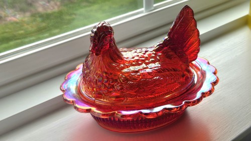 Mosser Red Carnival Glass Hen On Nest 6 1/2 Cadminum Glow 128rc