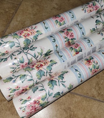 Lot 4 Dbl Rolls YORK Carey Lind Cottage Floral Stripe Wallpaper Pink Blue Vtg
