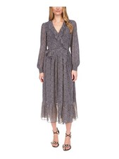 MICHAEL MICHAEL KORS Womens Black Lined Tie Long Sleeve Tea-Length Wrap Dress XS