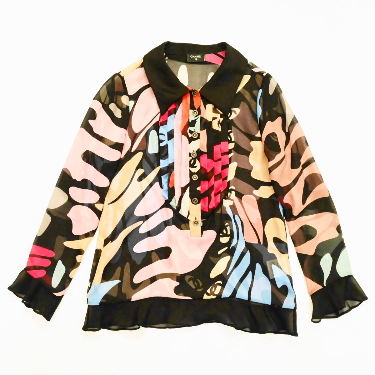 CHANEL Coco Mark Coco Button Silk Long Sleeve Blo… - image 1