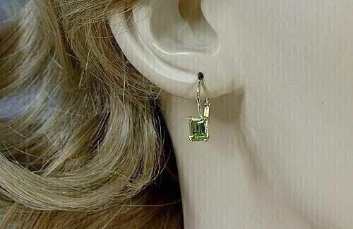 3Ct Emerald Cut Lab Created Peridot Drop/Dangle Earrings 14K Yellow Gold Plated - Picture 2 of 5