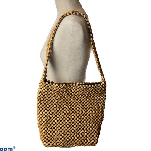 The Sak Hobo Bag Handmade Wooden Pellets Beads Shoulder Strap Lined Zip Closure