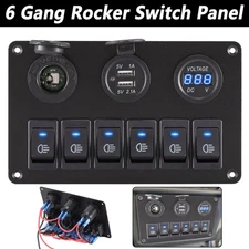 6 Gang Blue Rocker Switch Panel Circuit Breaker LED Waterproof Car Marine Boat