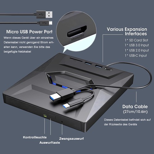 USB3.0 Blu Ray Externes Laufwerk DVD CD BD UHD Brenner Player für Laptop PC - Bild 12 von 16