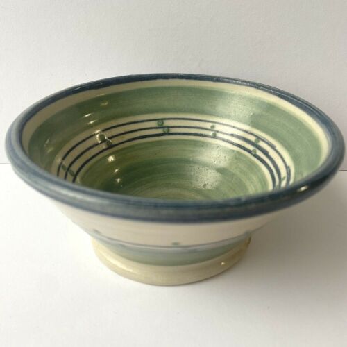Small Handmade Studio Art Pottery Green & Blue Bowl w/Lines & Dots - 第 1/8 張圖片