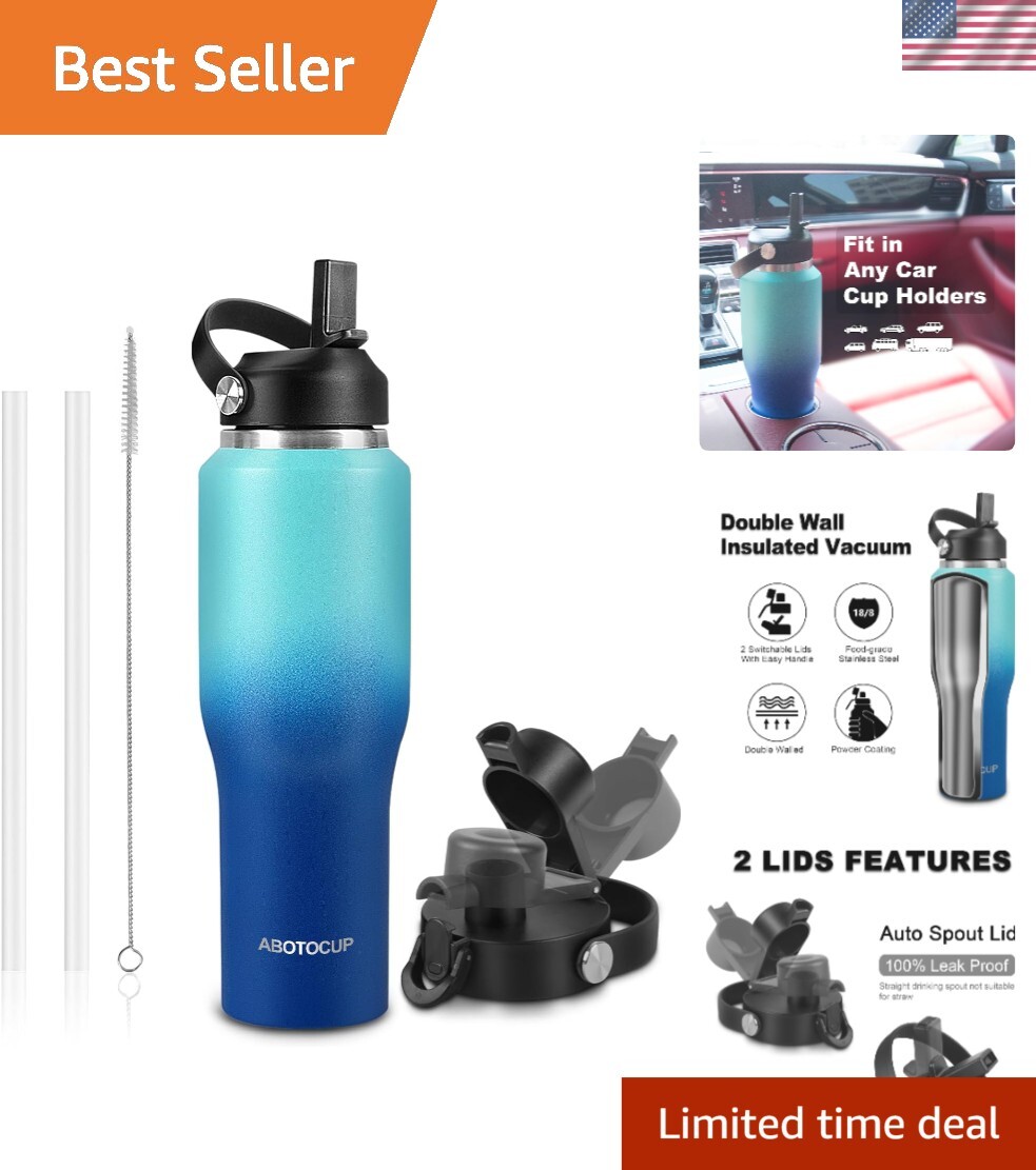 T-Shaped 32oz Insulated Water Bottle with Straw and Spout Lids Sporty  Style