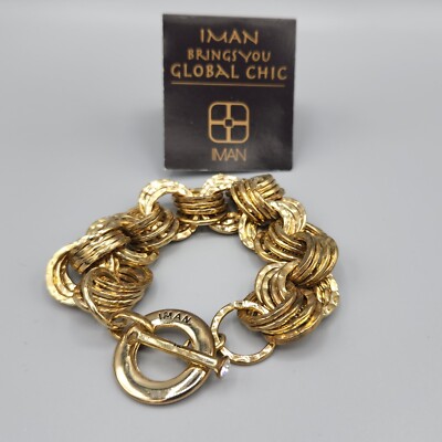 Iman Global Chic Chunky Hammered Golden Brass Link Toggle Clasp Bracelet 8''