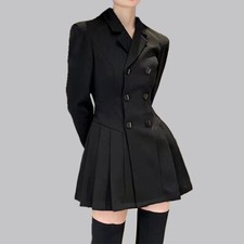 Black Blazer Skirt Slim Fit Mid Long Double-breasted A-line Jacket Women Coats