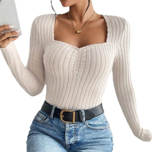 Damen Herbst Strick Unterteil T-Shirt Vorne Brust Winter Neu Plissee Slim - Bild 2 von 6