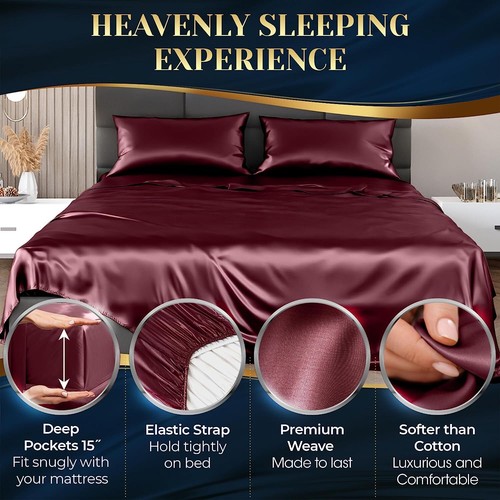 4 Pcs/Set Satin Sheets Full Size Silky & Luxuriously Soft Satin Bed Sheets - Picture 105 of 137