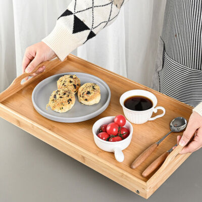 Bamboo Serving Tray Wooden Tray w/ Handles Legs for Dinner