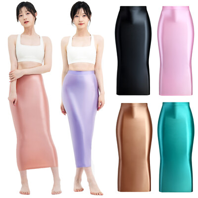 Women Oil Shiny Glossy Long Skirts Hip Wrap Smooth Stretch