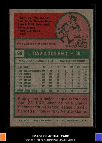 1975 Topps #38 Buddy Bell Cleveland Indians NM - Picture 2 of 2
