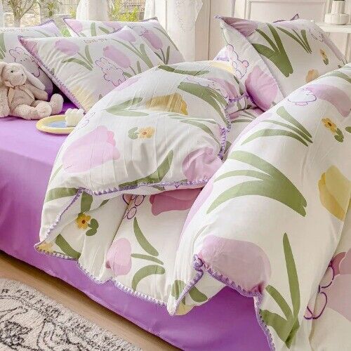 Girls Flower Bedding Sets, Washed Cotton Bed Linens, Soft Quilt Cover Sheet Set - Picture 26 of 33