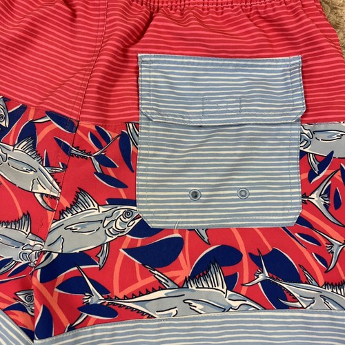 Vineyard Vines Boys Large Paneled Chappy Swim Trunks Fish Red Blue Stripe - Picture 5 of 8