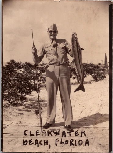 Vtg B&W Photo WW2 US Army Soldier Uniform Fishing Clearwater Beach FL Military