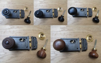 GROSSER ANTIKER EISEN GUSSEISEN FELGENRIEGEL + Holzrand Türgriffe Vintage Retro