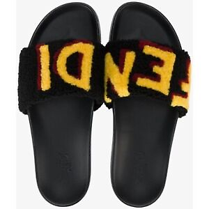 Fendi Mens Shearling Fur Logo Yellow Red Black Flat Slide Sandal Flip Flop 7 Fendi Mens Shearling Fur Logo Yellow Red Black Flat Slide  main image 2