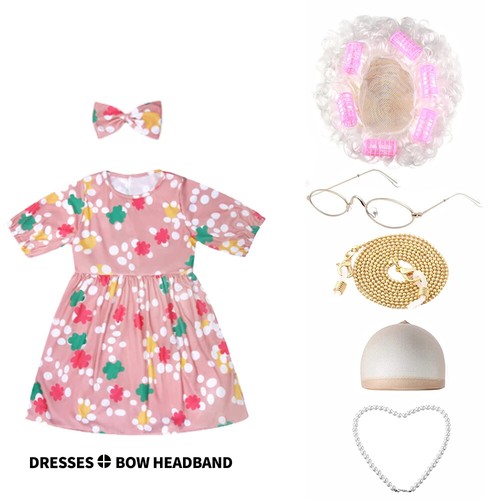 Old Lady Costume for Kids Granny 100 Days of School Girl Cosplay Costume Wig Set - Picture 3 of 39