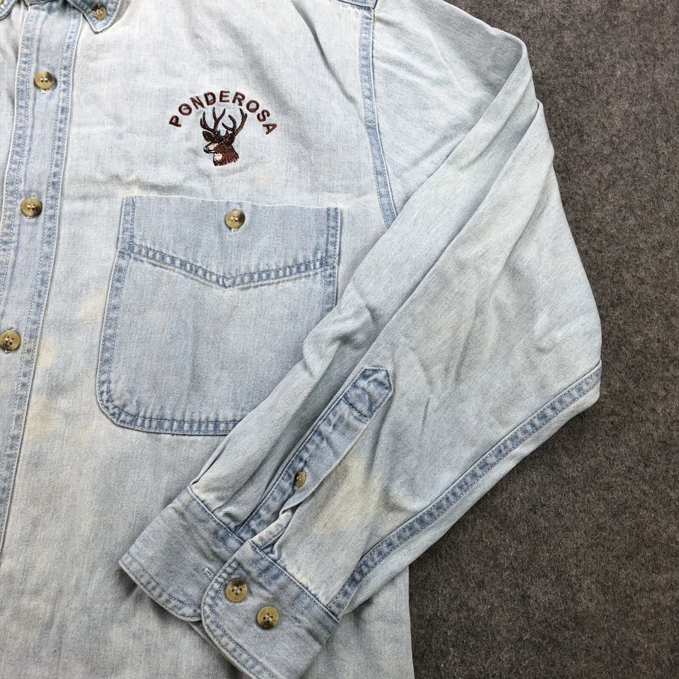Vintage All Sport Shirt Mens Medium Blue Denim Button Ponderosa Deer Embroidered - Image 3 of 4